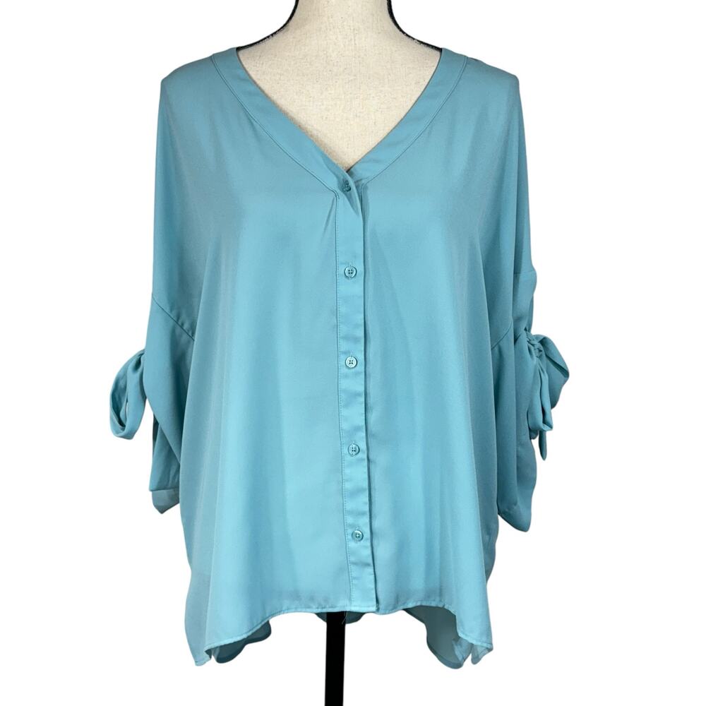 Worthington X-Large Top Button-Up V-Neck Lightweight Hi-Low Hem Tie Sleeves Blue